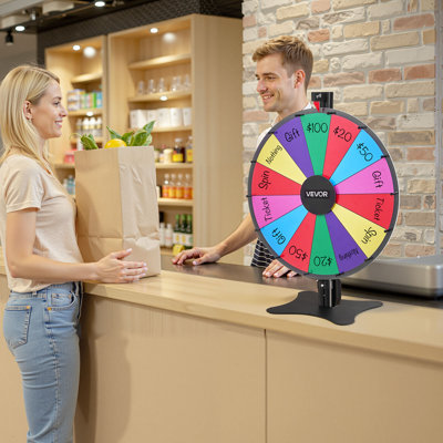 24 in Spinning Prize Wheel, 14 Slots Spinning Wheel with Stand, Adjustable Height Win Fortune Roulette with a Dry Erase and 2 Markers, 6 Colors, Easy Assembly, for Party Pub Trade Show Carnival