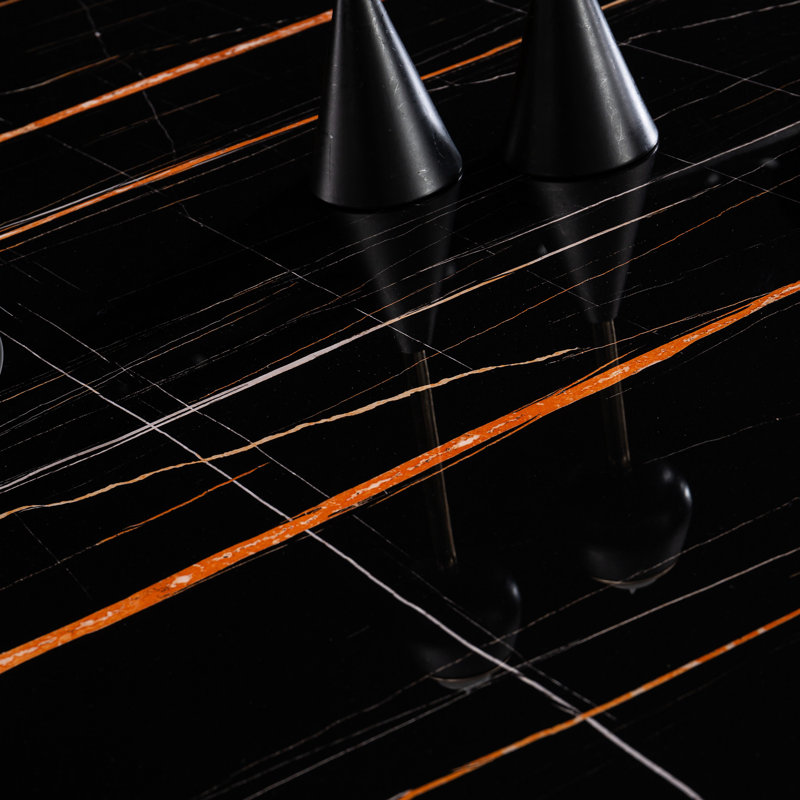 Table imprimée en marbre noir avec base et décoration dorée - 45,64 po de longueur x largeur 29,47 po de hauteur