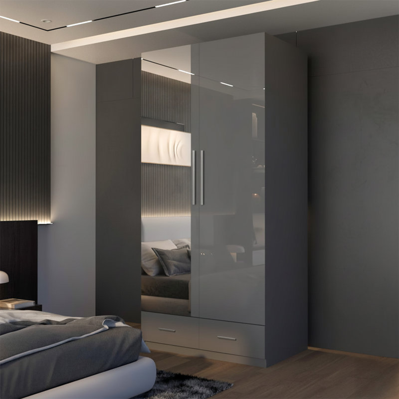 Modern 2 Door 2 Drawer High Gloss Hinged Wardrobe, Grey