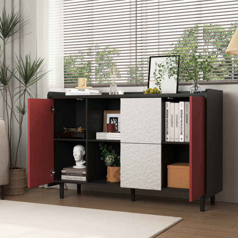 Buffet Buffet, armoire de rangement avec portes, 2 tiroirs avec un style de panneau unique et 2 compartiments de rangement ouverts, armoire de bar moderne pour la cuisine, la salle à manger