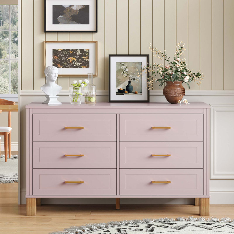 Commode moderne à 6 tiroirs avec pieds en bois massif et poignées en métal, Rose