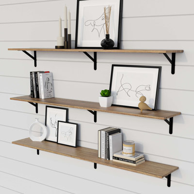 60 inch Long Wall Shelf, 10 inch Deep Shelf for Room, Wall Mounted Rustic Shelves, Wooden Floating Shelves for Wall Storage, Floating Bookshelves for Wall, Wall Shelves for Bedroom, Living Room, Wood Shelves for Kitchen, Office, Set of 3, Burnt, Wood