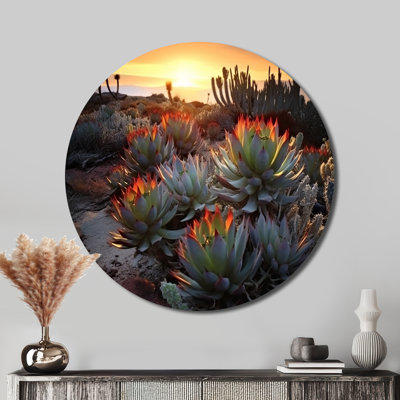 Succulent désert, cactus brûlant, coucher de soleil III - art floral rond en métal