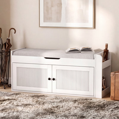 Modern Farmhouse Storage Bench With Cushion, Upholstered Shoe Bench With Shelf For Entryway, Mudroom, Hallway