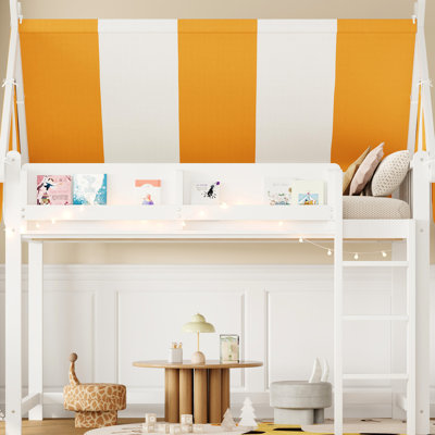 Lit mezzanine double blanc avec baldaquin, lumières à DEL et tablette de livre intégrée - palette de couleurs de baldaquin ludique, perles chaudes pour la lecture, bibliothèque fonctionnelle à l'avant, structure en bois massif, spacieux sous le lit