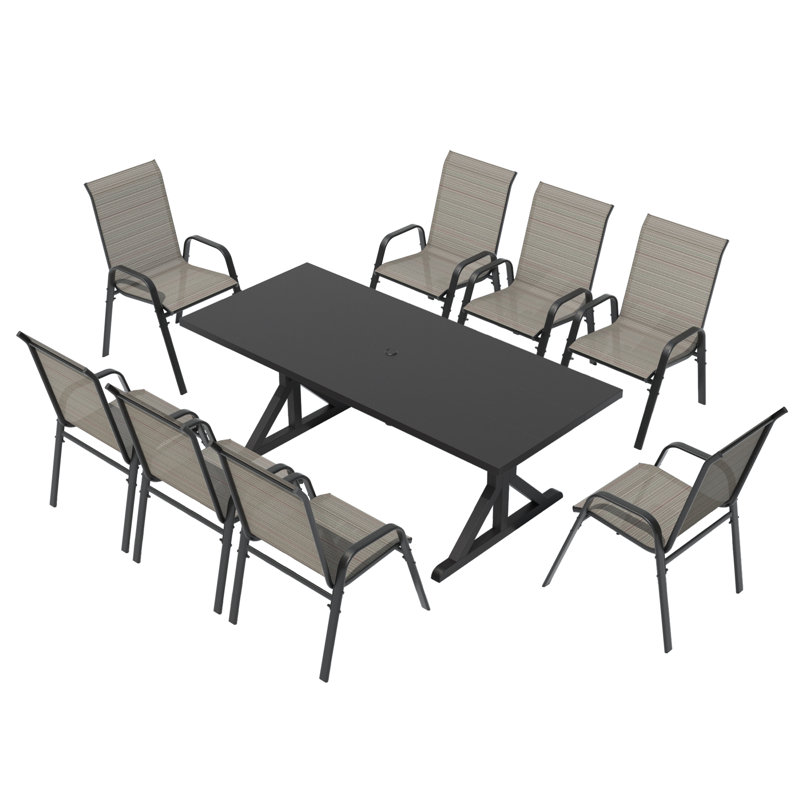 Table de salle à manger rectangulaire en acier thermolaqué 78ʺ x 35ʺ avec 8 chaises en fer galvanisé
