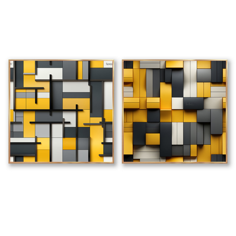 Bhagwant - Ensemble de 2 collages de formes carrées abstraites, Cadre flottant doré, H 16 po x l 33 po