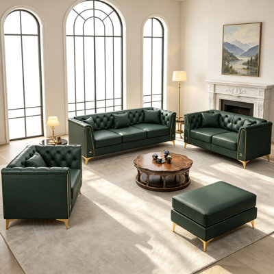 Canapé Chesterfield modulaire de luxe léger, en cuir Fux avec capitonnage à boutons fait main, accoudoirs à bordure métallique et pattes minces, 6 coussins inclus