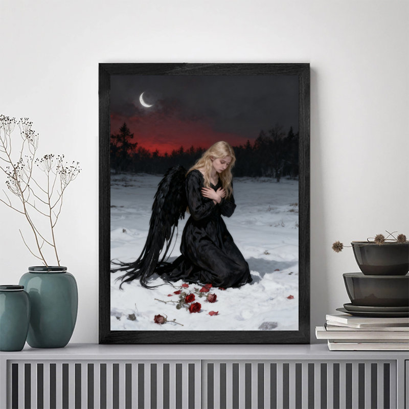 Art mural noir rétro vintage avec ange foncé de style gothique classique, impressions encadrées de style gothique foncé