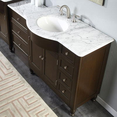 56" White Bathroom Vanity Single Right Hand Sink Cabinet Marble Top