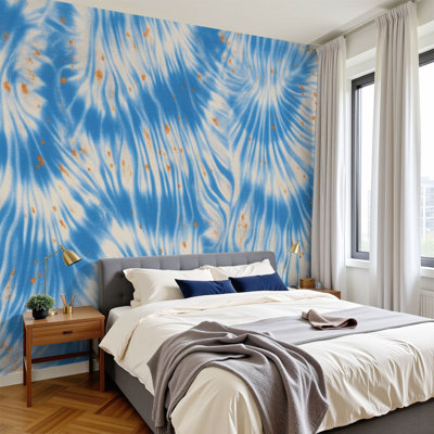 Papier peint adhésif à lignes abstraites à motif de lignes fluides bleues et orange H 100 po x l 144 po, papier peint amovible en PVC, adhésif pour chambre à coucher, bureau à domicile