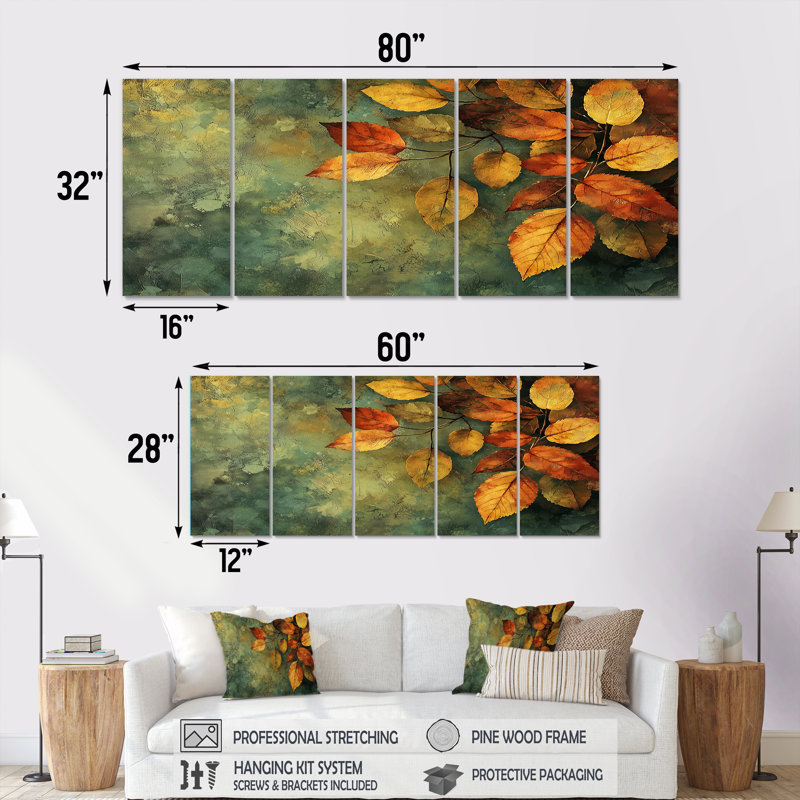 Feuilles, forêt, tranquillité III - Art mural - ensemble d'art mural traditionnel, H 28 po x l 60 po, 5
