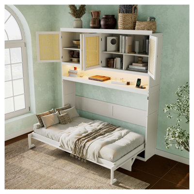 Lit escamotable simple avec armoire supérieure et lumière DEL - Lit mural pliable peu encombrant avec ports de chargement USB et portes en rotin