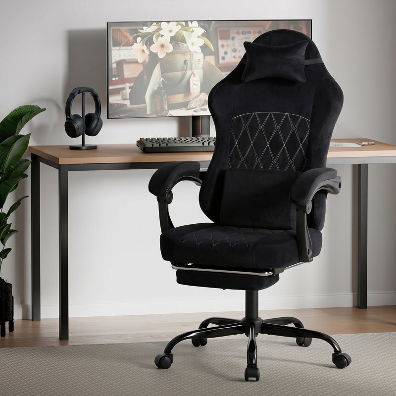 Chaise de jeu ergonomique à dossier haut avec repose-pieds et soutien lombaire, noire, Black