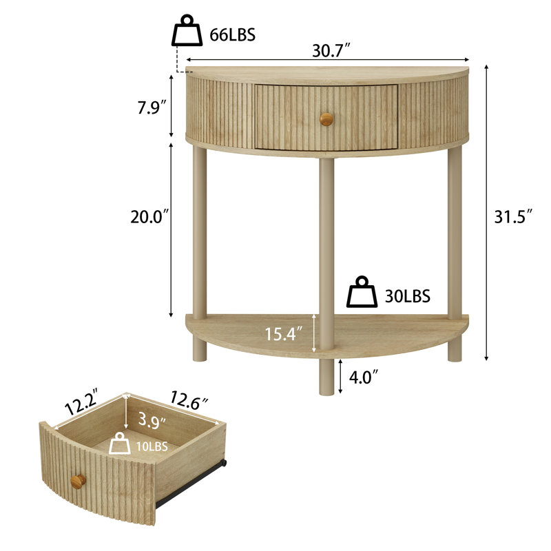  Charlbury 31"W Half-Round Solid Wood Console Table with Fluted Drawers, Natural Wood