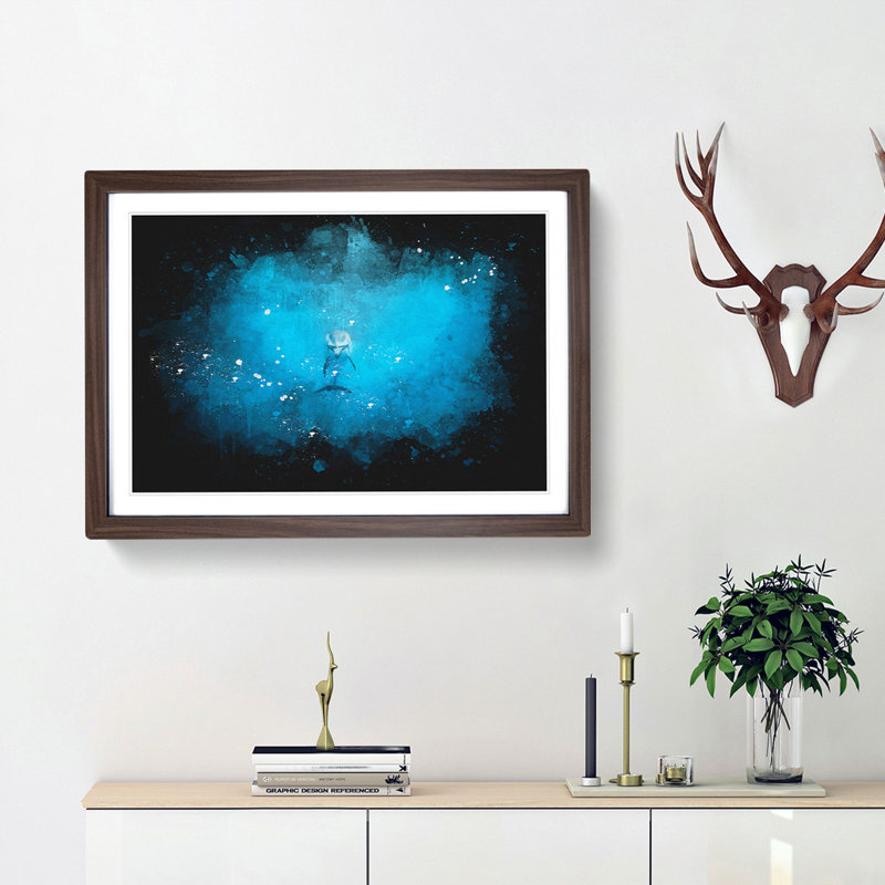 Lone Dolphin Paint Splash - Picture Frame Graphic Art, 33cm H x 45cm W x 2cm D, Walnut Framed