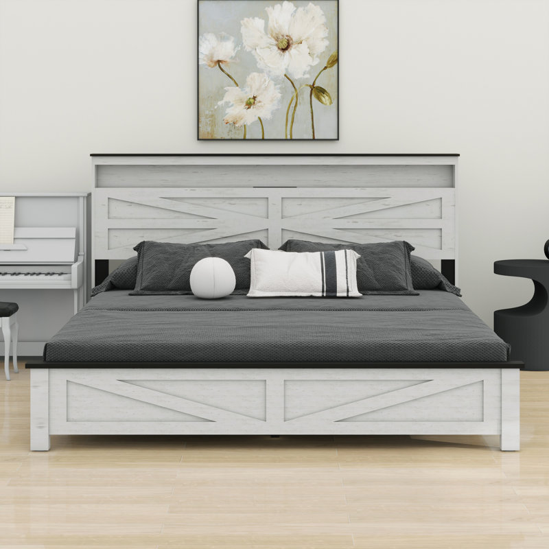 Cadre de lit avec lumières DEL et base de lit plateforme avec coussin de charge, avec tête de lit et espace de rangement caché