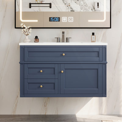 Meuble-lavabo mural 36 po, armoire de rangement flottante avec 2 tiroirs, 1 tiroir basculant, lavabo simple en céramique à 3 trous, armoire moderne.