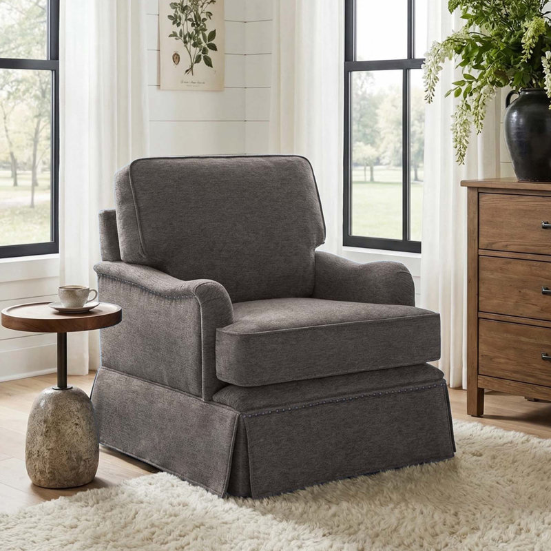 Upholstered Tan Skirted Swivel Accent Arm Chair with Nailhead Trim, Tan Chenille