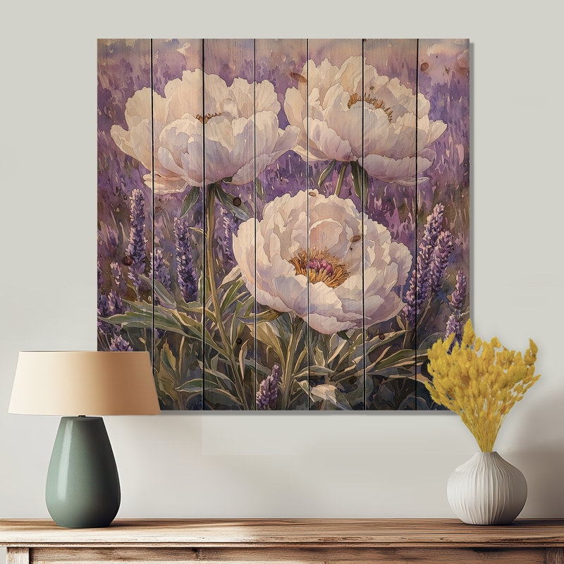 Peonies In The Lavender Field III - Peonies Wood Print - On Natural Pine Wood, 15" H x 15" W x 0.78" D
