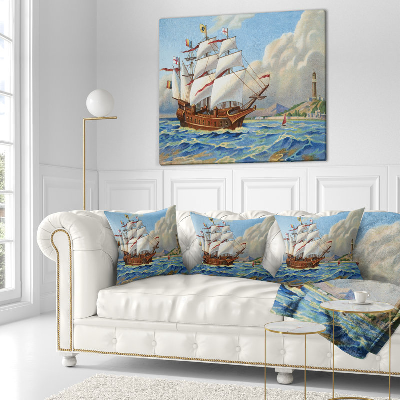 Ancien bateau à la dérive en mer - Oreiller imprimé Sea & Shore, 16 po x 1 po, Coussin décoratif