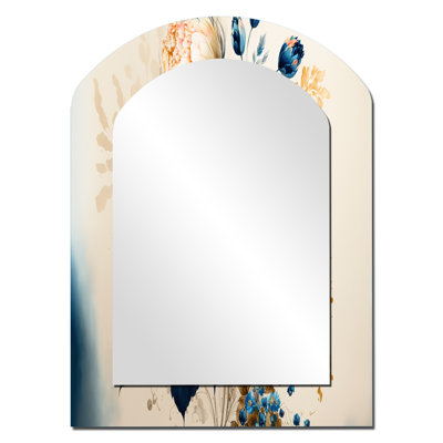 Blue And Gold Floral Bunch II - Floral Irregular Shape Mirror, Blue Asymmetrical Unique Wall Mirror, Printed Metal Art