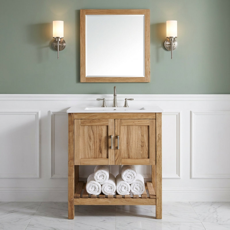 30" Solid Wood Bathroom Vanity with Ceramic Sink, Freestanding Rustic Farmhouse Vanity Cabinet with Storage Shelf, Natural Wood Finish