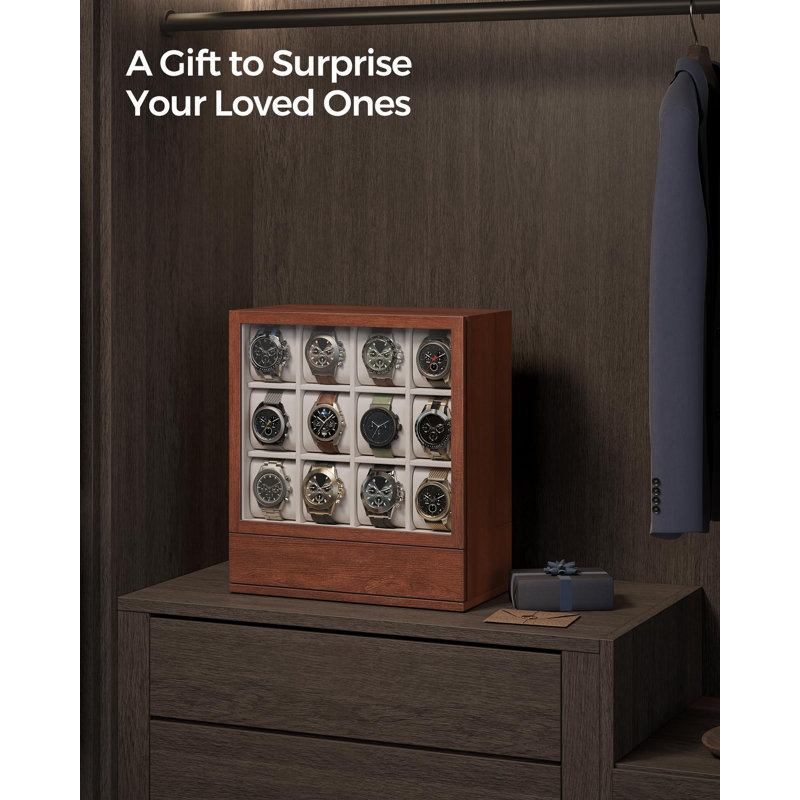 12-Slot Wooden Watch Box with Window, Coffee Brown