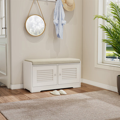 28.74" White Shoe Storage Bench With Cushion, 2-door Entryway Cabinet With Adjustable Shelves, Shoe Rack Bench For Hallway Or Foyer