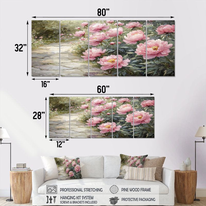 Pivoines le long du jardin Pth I - le long des pivoines - art mural traditionnel, H 28 po x l 60 po, 5