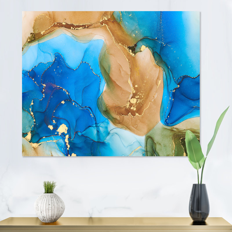 «Brown and Blue Luxury Abstract Fluid Art I», reproduction sur toile, H 30 po x l 40 po, Toile tendue
