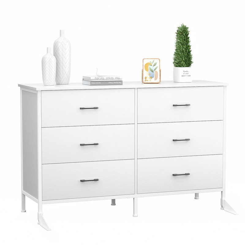 6 Drawers Dresser for Bedroom, 47.3" Chest of Drawers with Steel & Anti Fall Device, White, White