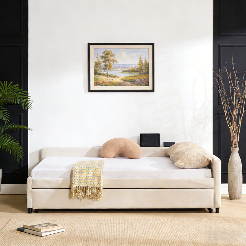 Structure de lit de jour en velours avec lit gigogne simple pour chambre à coucher et salon, Beige