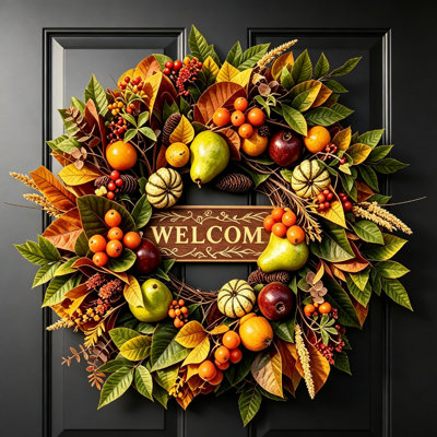 Couronne d'automne 24 po pour la porte d'entrée avec panneau «Welcome» - citrouille, pomme, poire et baie