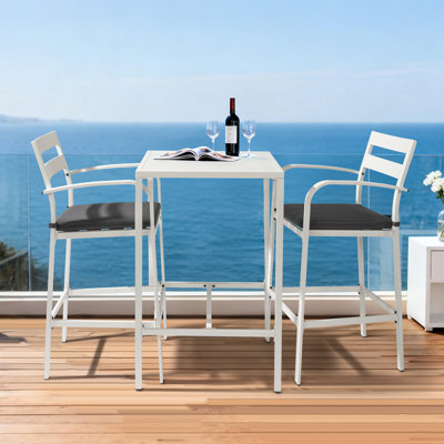 White 27-Inch Outdoor Bar Table Set With 2 Gray Cushioned Stools