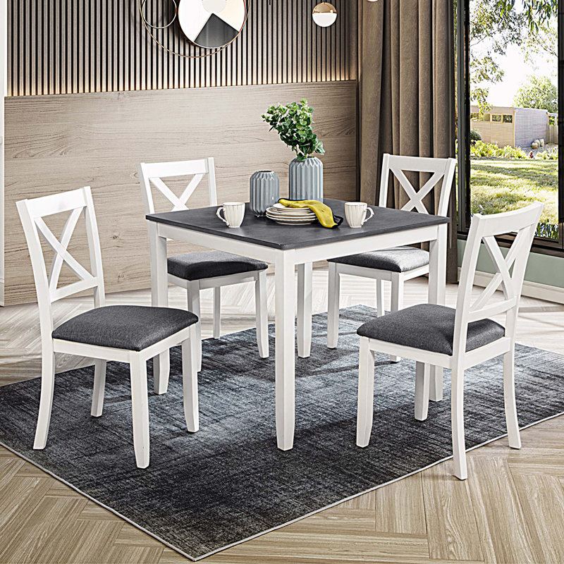 Ensemble de table de salle à manger 5 pièces en bois avec 4 chaises, Blanc / Gris
