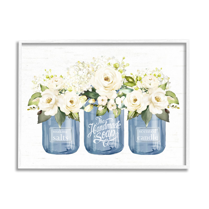 Bouquets de fleurs roses blanches, H 11 po x l 14 po x P 1,5 po, Giclée encadrée blanc bord de mer