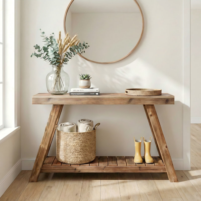 60" Solid Wood Console Table, Narrow Modern Farmhouse Design with Angled Legs for Hallway-Natural/ Brown Color, Brown