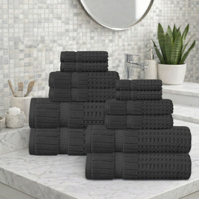 Ensemble de serviettes 12 pièces Willow - 100% coton peigné, qualité supérieure 630 g / m², gris foncé, ultra doux et très absorbant (ensemble de 4 serviettes de bain, 4 serviettes de toilette et 4 serviettes de toilette)