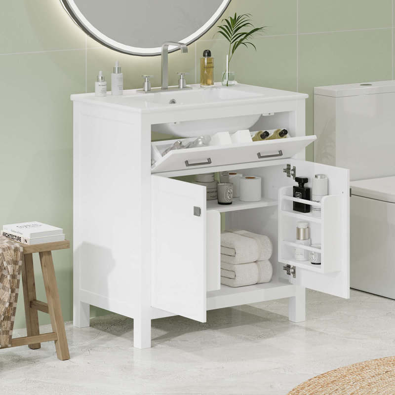 Meuble-lavabo 30 po avec lavabo en céramique, portes à fermeture en douceur, Blanc