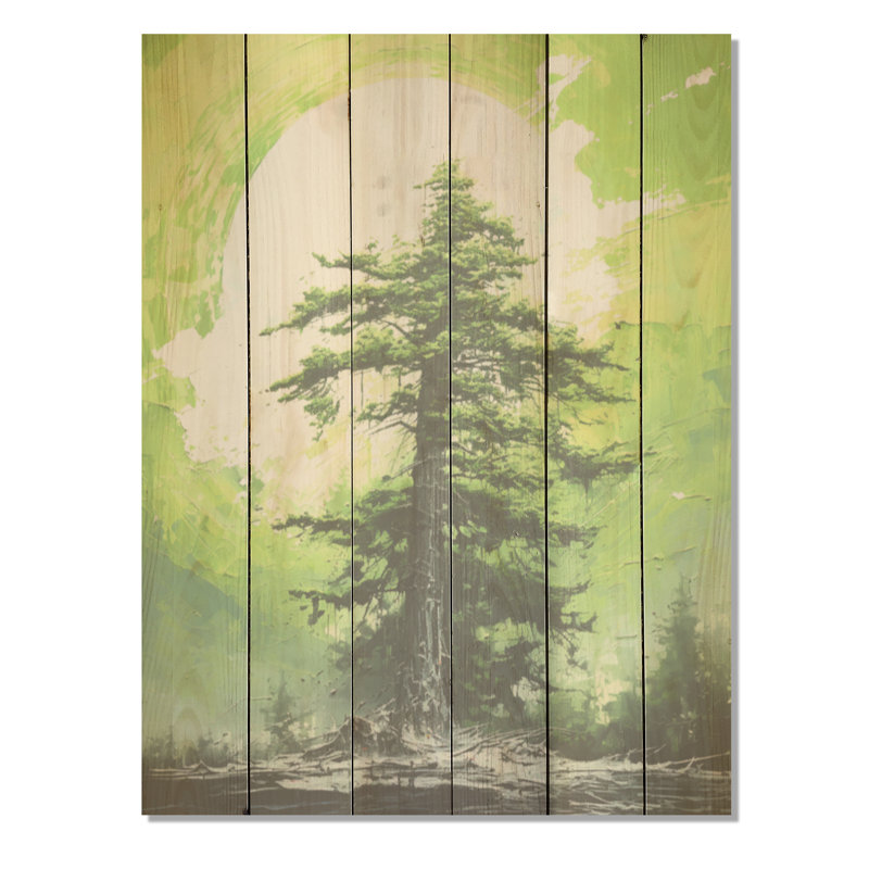«Neon Green Redwood Trees Forest I», art mural panneau de bois de séquoia sur bois de pin naturel, H 40 po x l 30 po