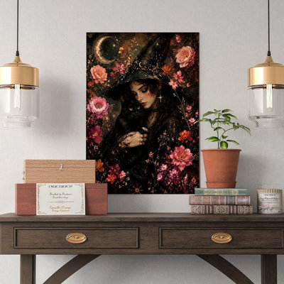 Canvas Wall Art Witch With Black Cat And Flowers Moon Art Print Vintage Poster Print Home Decor