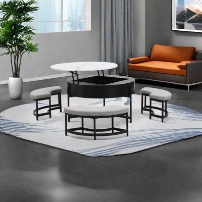 Table basse ronde à plateau relevable avec rangement et 3 repose-pieds