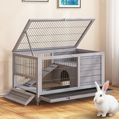 Cage à lapin mobile en bois massif avec rampe et plateau coulissant