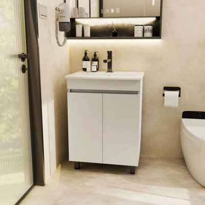 Floor Standing Bathroom Vanity With Double Buffer Doors And Built In Wash Basin