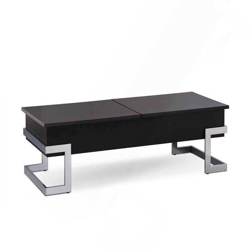 Table basse noire haute brillance et chrome avec plateau relevable., Noir