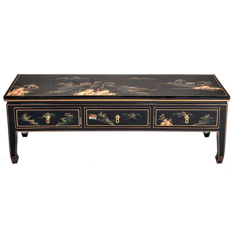 Black Lacquer Hand-Painted Landscape Coffee Table with Storage