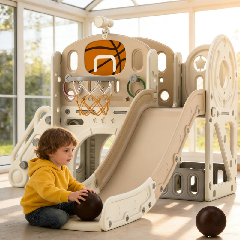 Glissade avec caractéristiques 7 en 1 pour les jeunes: télescope, cerceau, anneau, grimpeur, tunnel et boîte de rangement: très actif