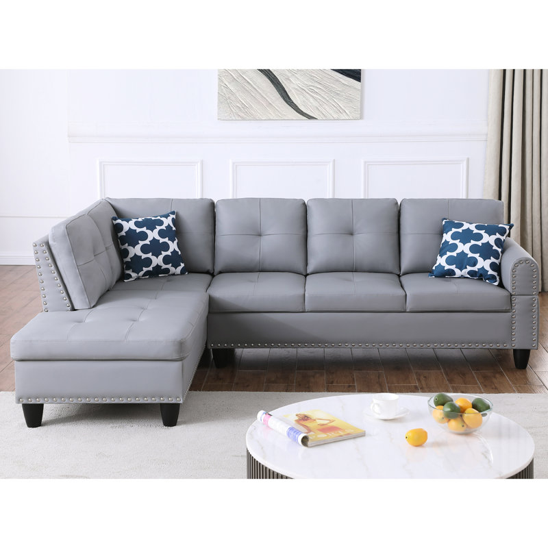 L-shaped 2 Grey Faux Leather Sectional, Left-hand Facing, Medium-soft Seating, 3 Seats, 98 Inches Wide, 71 Deep, 33 High, 169 Lbs, Round Arms, Two Accent Pillows Sectional , Facing L-shaped, Grey,