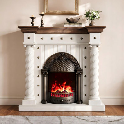 50" Electric Fireplace with Mantel, Farmhouse Fireplace TV Stand, Twisted Roman Columns & Eagle‑Carved Birdcage Insert, Supports TV up to 50"